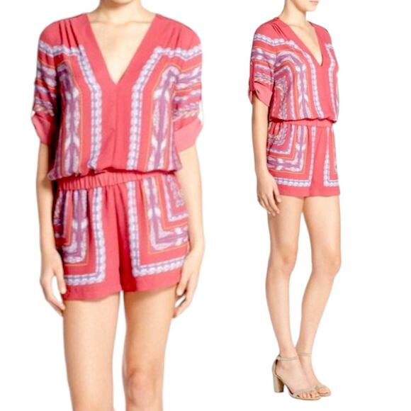 BCBGMAXAZRIA Chiffon Romper Soren Print RollTab Sleeve Pink Coastal Beach Chic - Picture 12 of 13